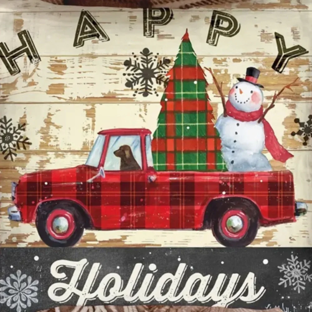NEW HAPPY HOLIDAYS VTG TRUCK DOG SNOWMAN FARMHOUSE POLYESTER PILLOW COVER 17.7